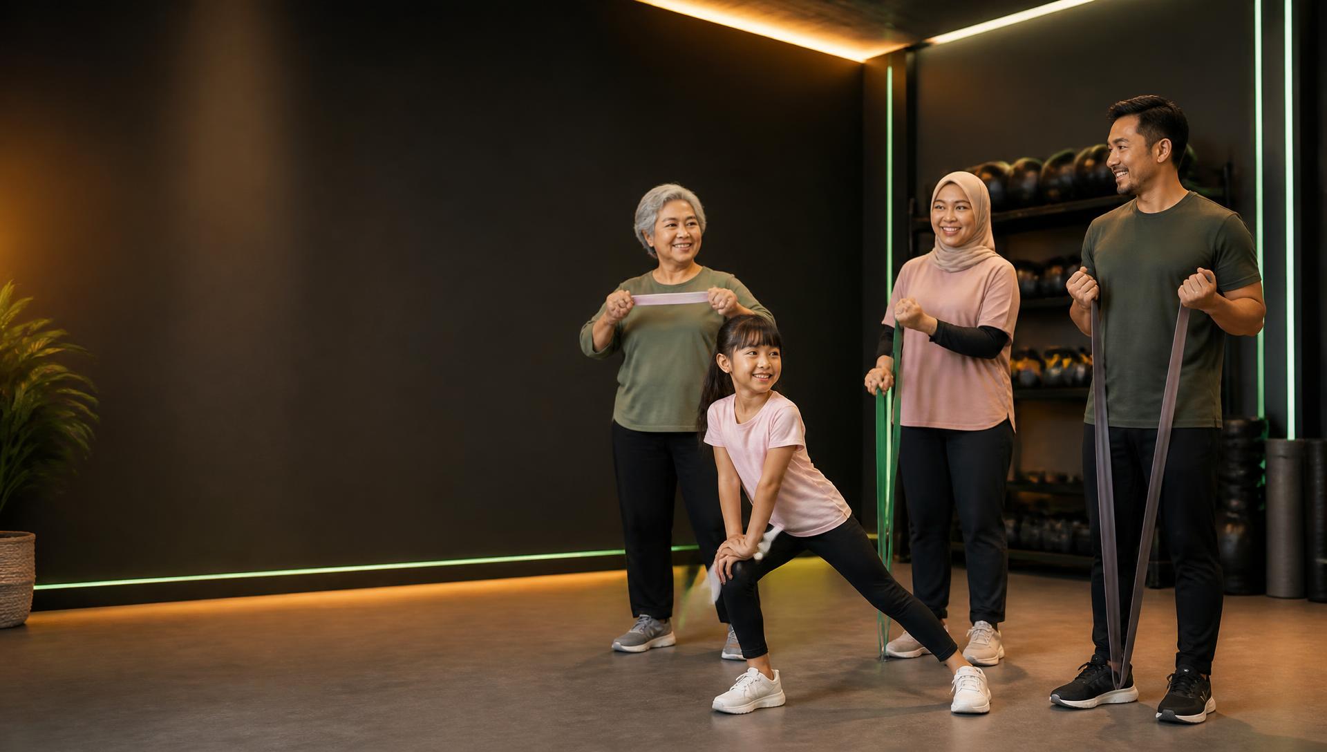 Family-friendly fitness session at Urban Motion Studio with seniors, a mother and a child exercising together